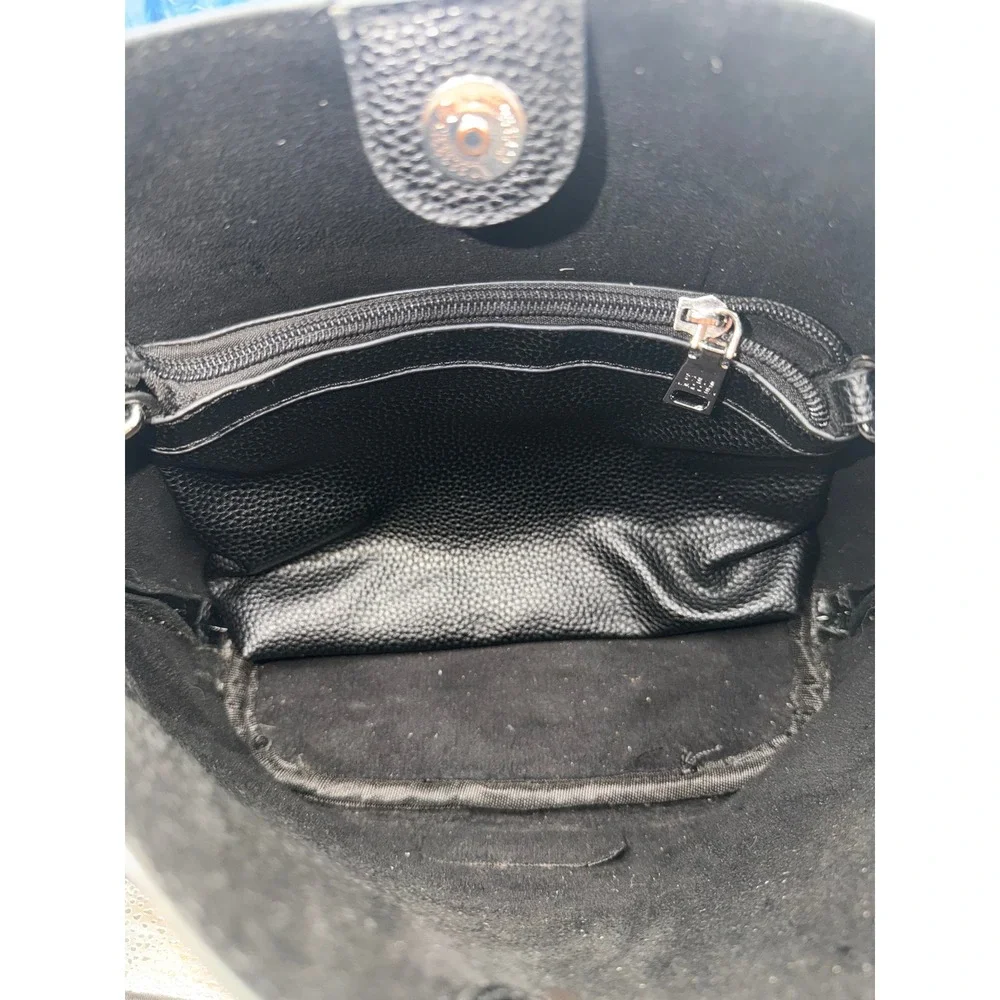Steve Madden Black Pebbled Vegan Leather Studded Handle Hobo Bucket Bag